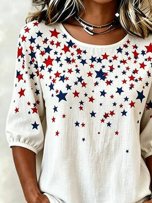 Crew Neck Blouse met Sterrenprint Korte Mouwen