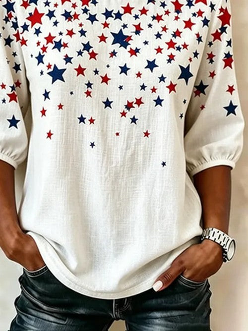 Crew Neck Blouse met Sterrenprint Korte Mouwen