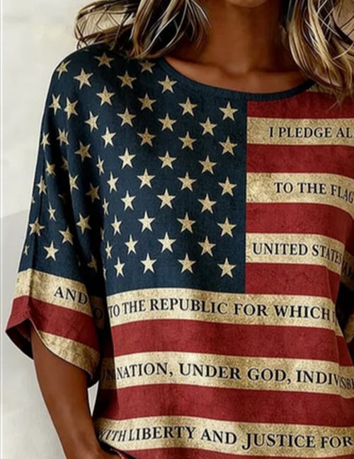 Amerikaanse Vlag Print Blouse Ronde Hals Korte Mouw