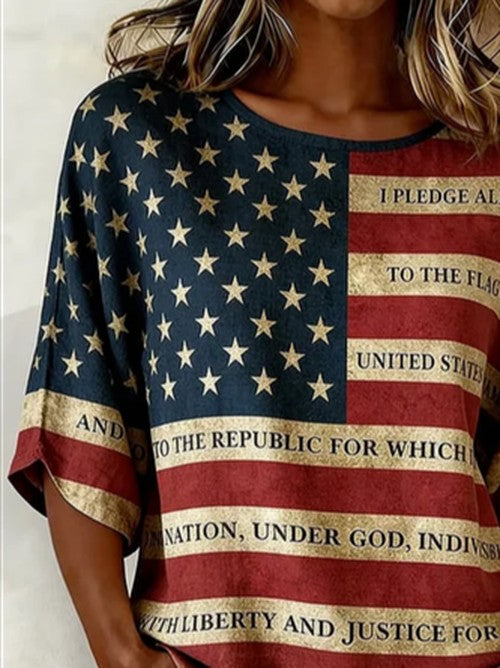 Amerikaanse Vlag Print Blouse Ronde Hals Korte Mouw