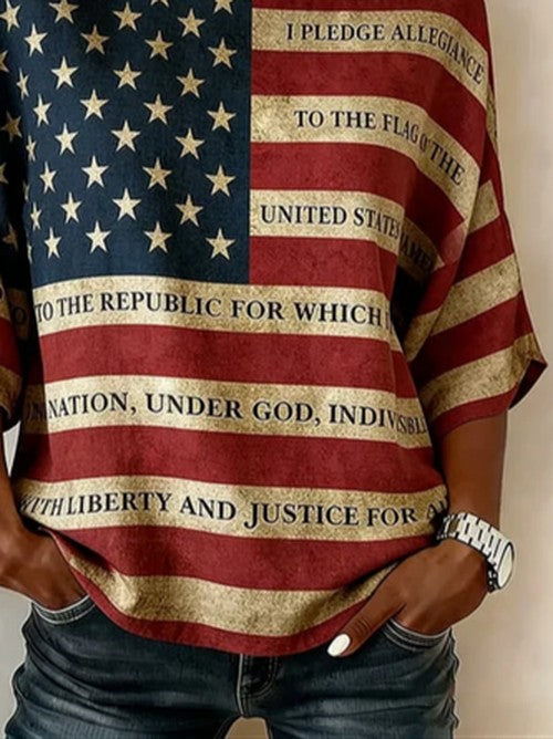 Amerikaanse Vlag Print Blouse Ronde Hals Korte Mouw