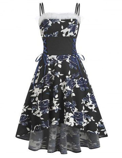 Lace Up Floral Print Faux Fur Insert High Low Dress