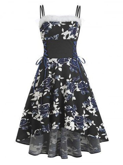 Lace Up Floral Print Faux Fur Insert High Low Dress