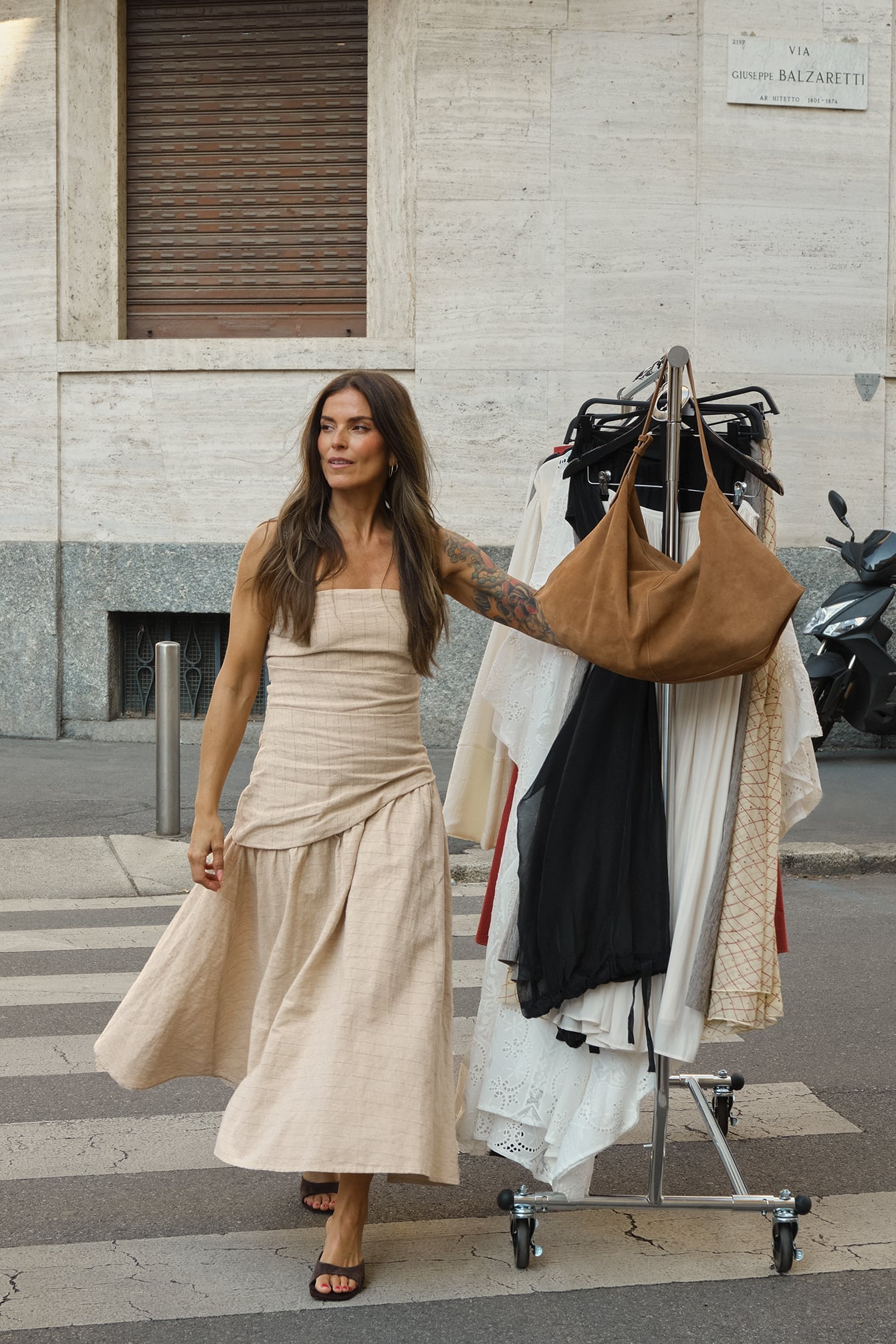 Beige linnen bandeau midi jurk
