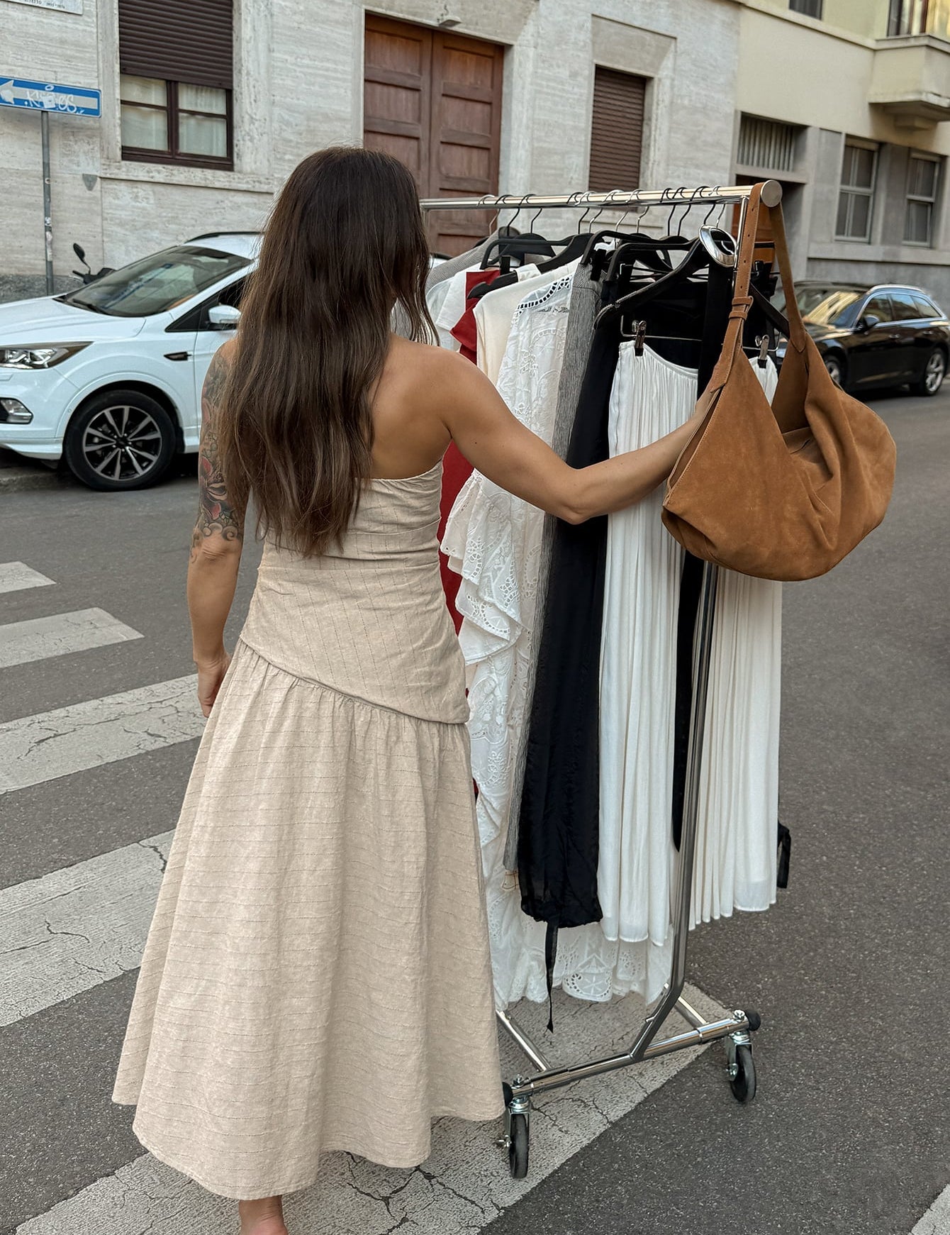 Beige linnen bandeau midi jurk