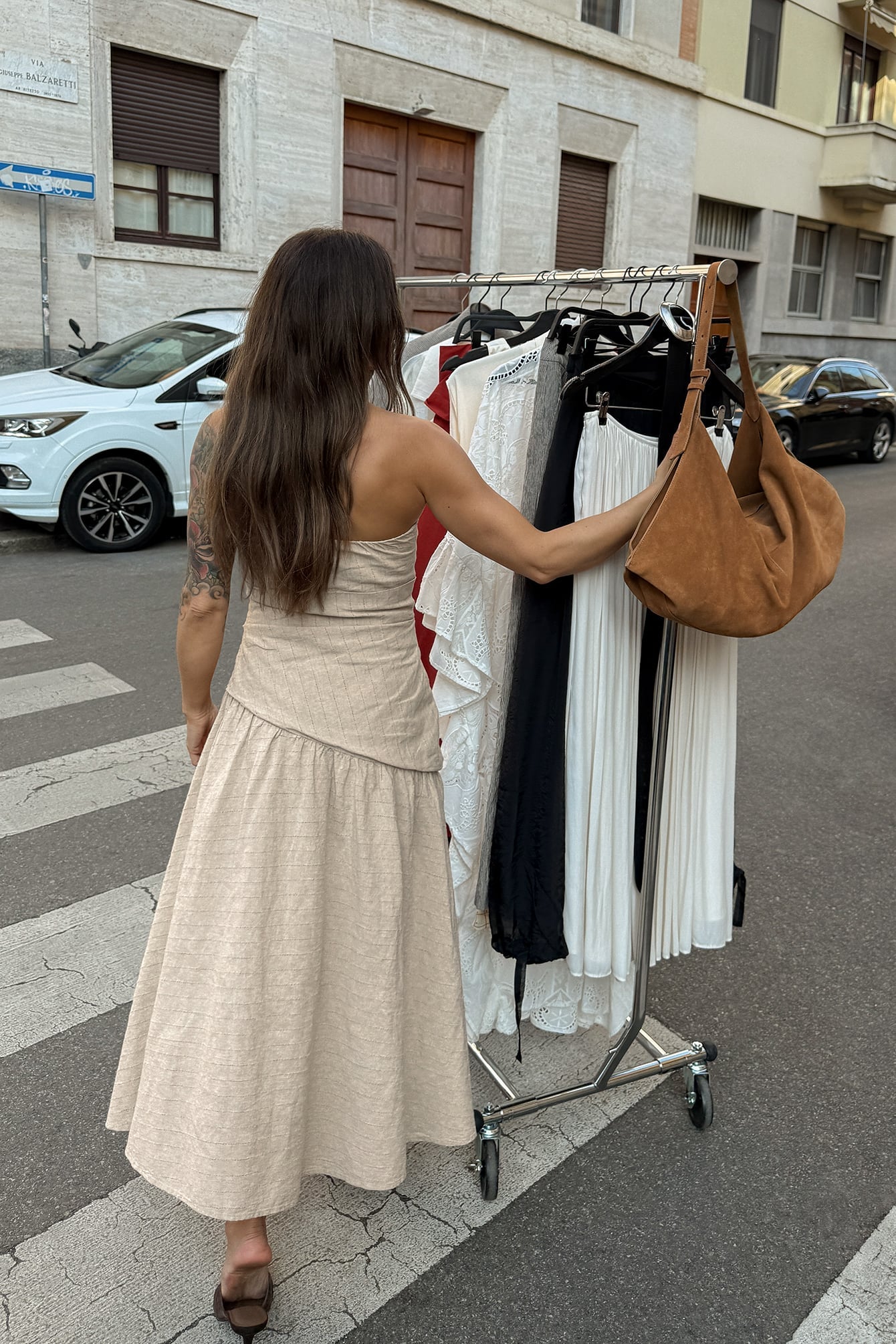 Beige linnen bandeau midi jurk