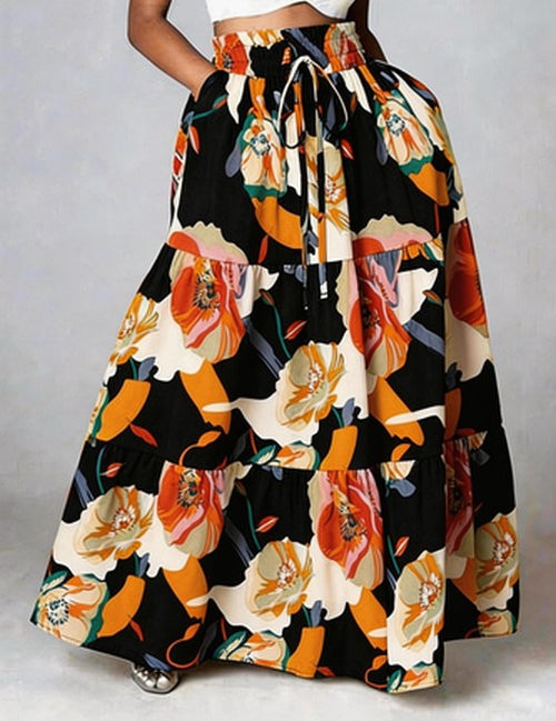 Lose Elegante Bloemenrok - Zwart Bloemenprint