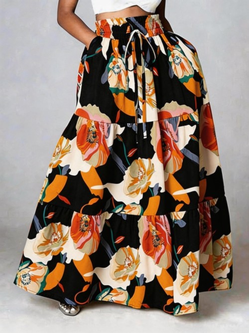 Lose Elegante Bloemenrok - Zwart Bloemenprint