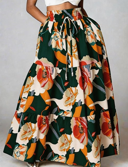 Lose Elegante Bloemenrok - Donkergroen Bloemenprint