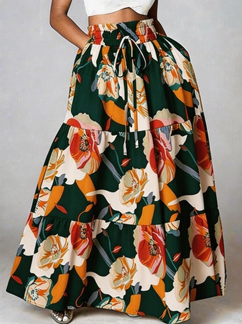 Lose Elegante Bloemenrok - Donkergroen Bloemenprint
