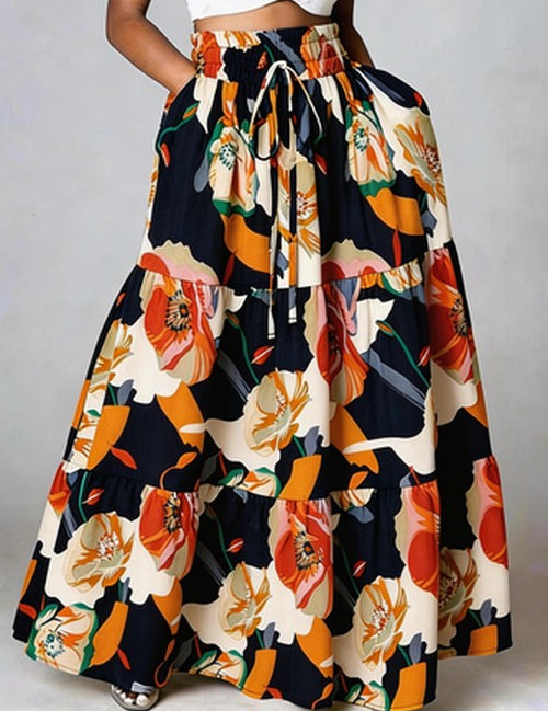 Lose Elegante Bloemenrok - Zwart Bloemenprint detail