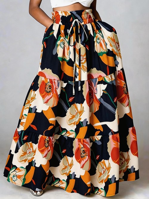 Lose Elegante Bloemenrok - Zwart Bloemenprint detail
