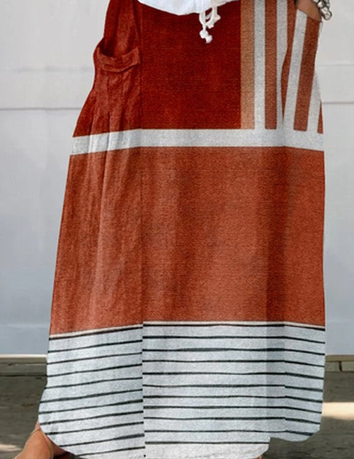Linen Vintage Colorblock Rok - Losse Pasvorm