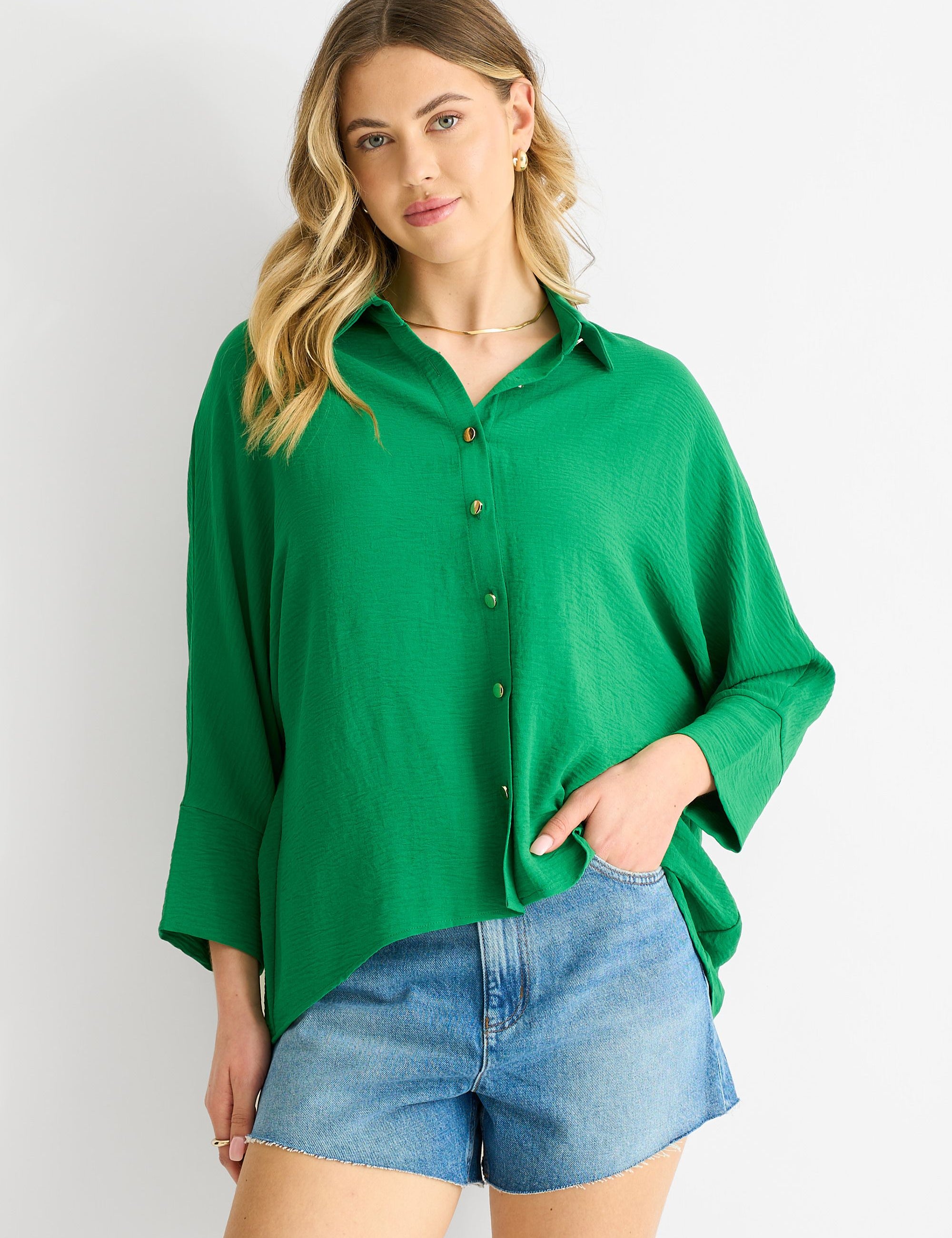 Gini London Kimono Blouse in Midgroen - Oversized Fit