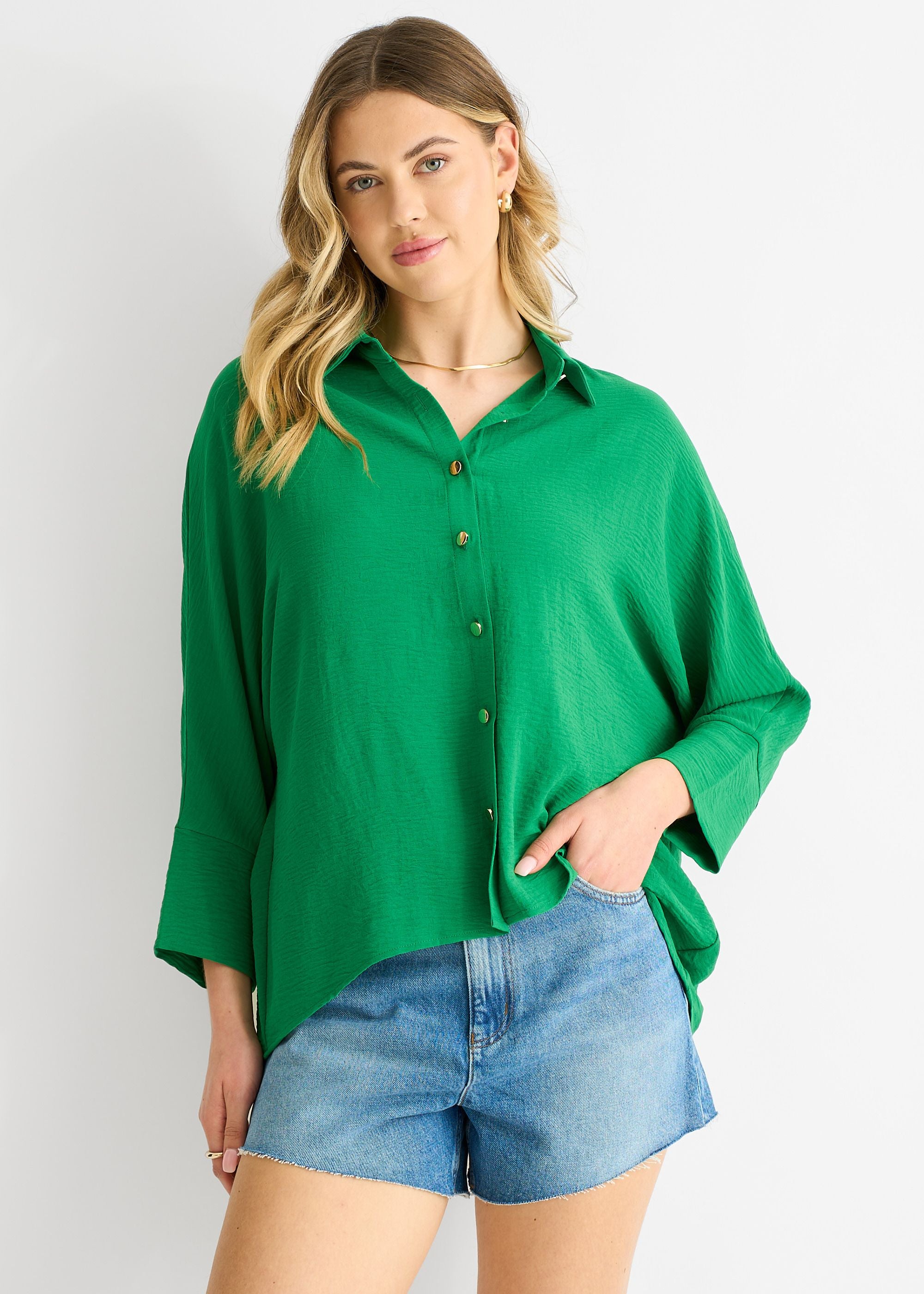 Gini London Kimono Blouse in Midgroen - Oversized Fit