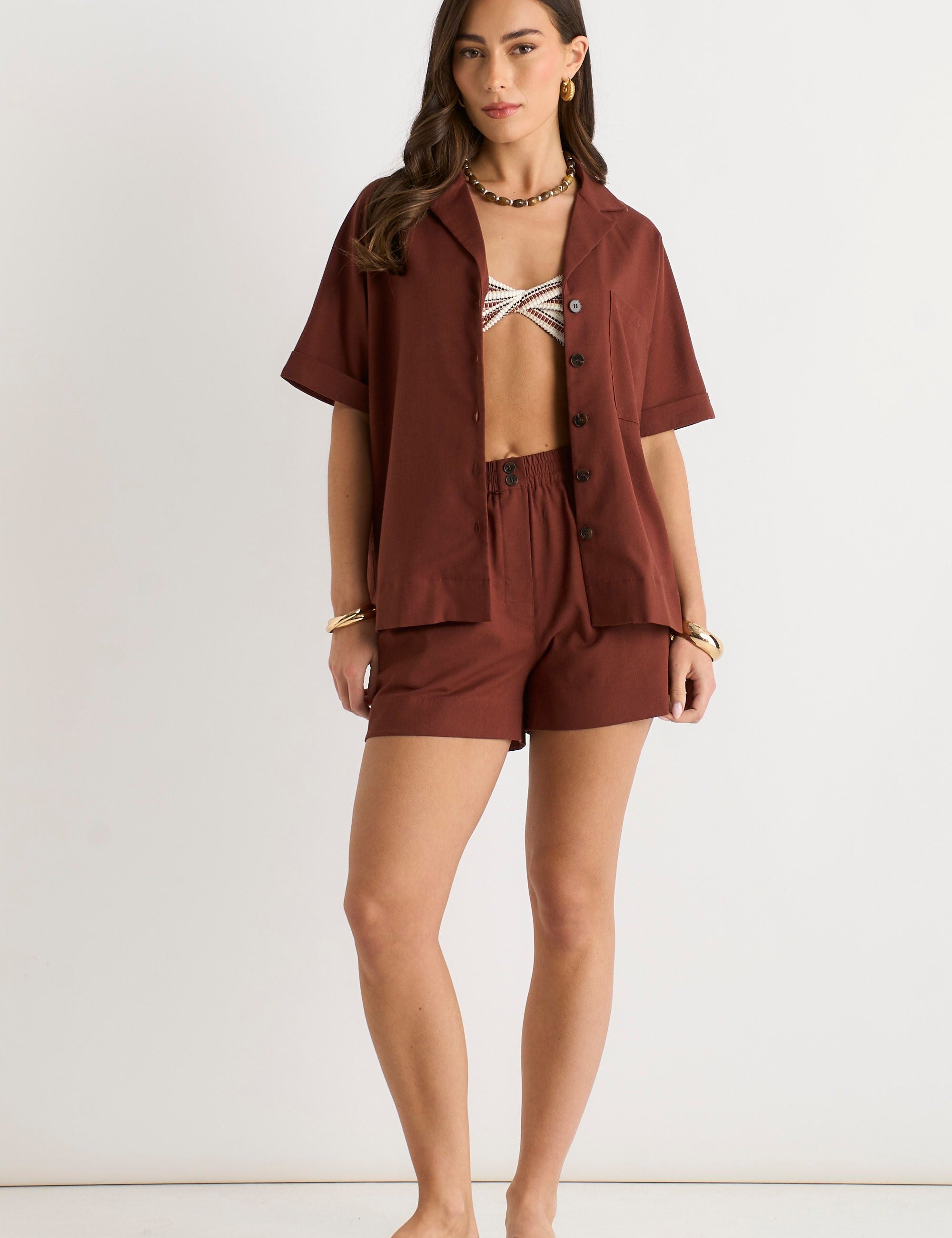 Chocoladebruin Linnen Oversized Blouse met Knoopsluiting