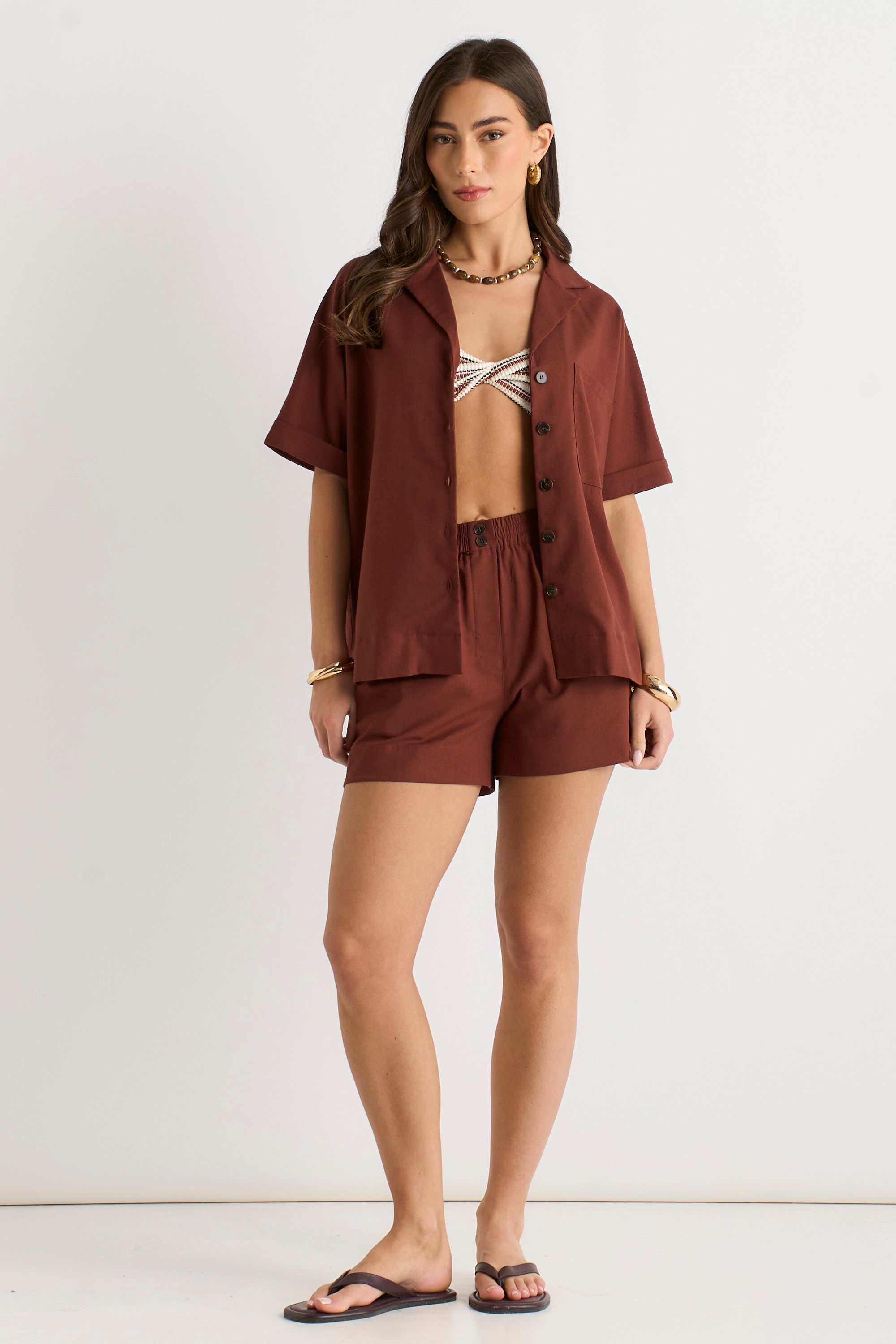 Chocoladebruin Linnen Oversized Blouse met Knoopsluiting