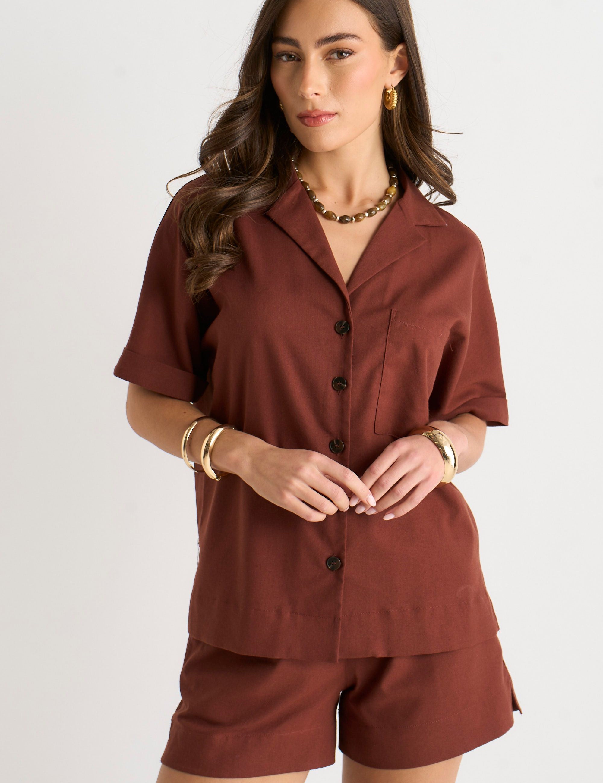 Chocoladebruin Linnen Oversized Blouse met Knoopsluiting