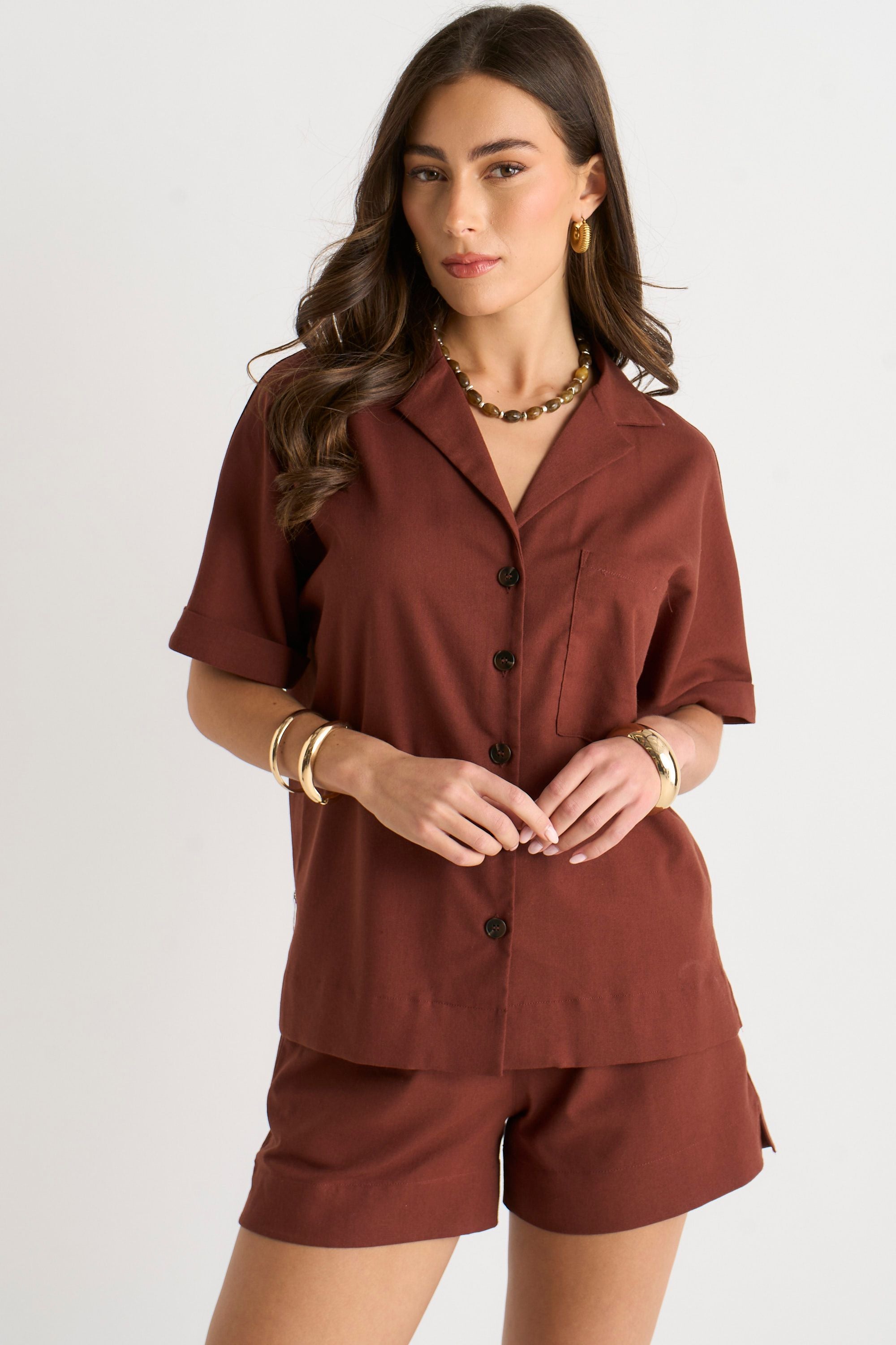 Chocoladebruin Linnen Oversized Blouse met Knoopsluiting