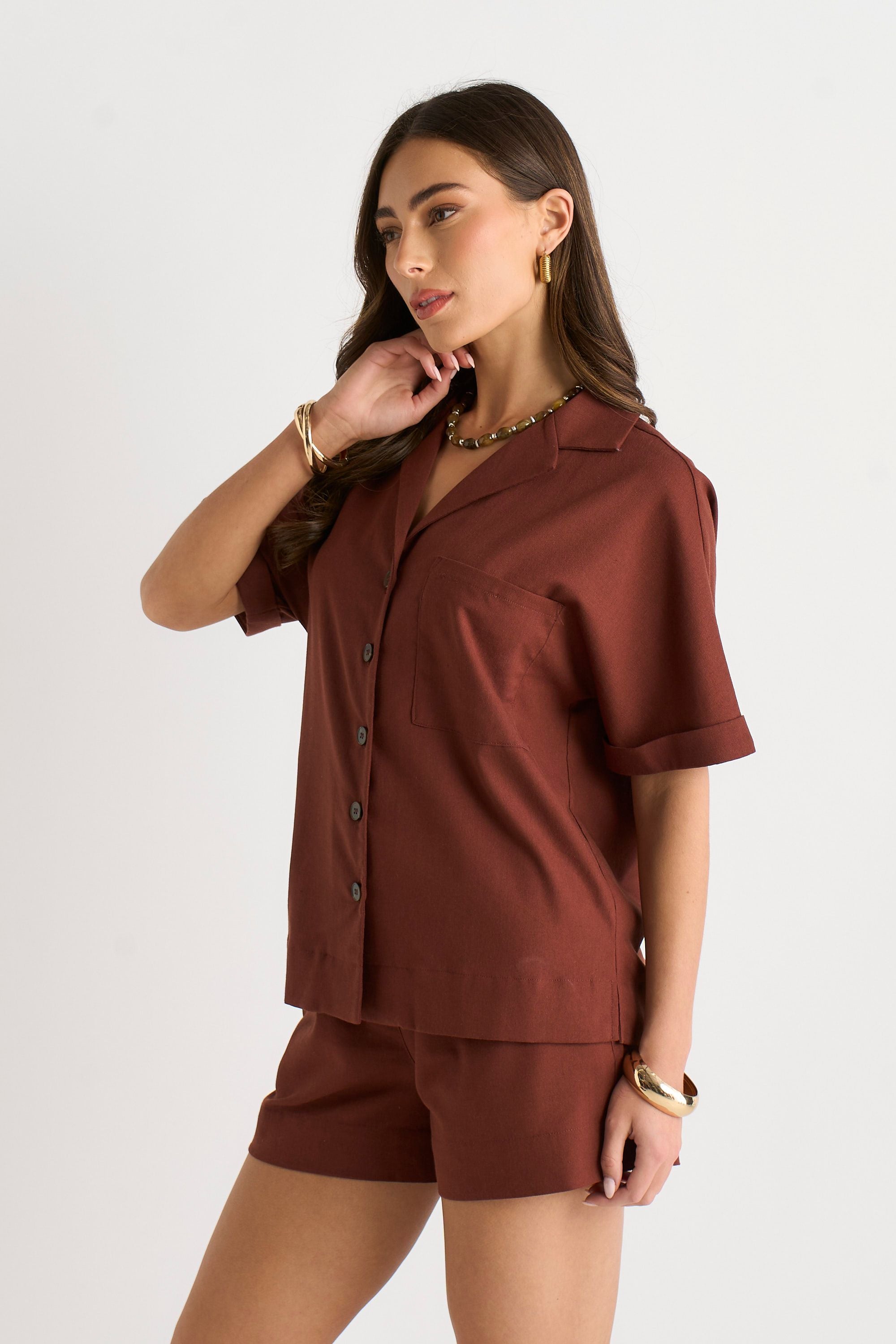 Chocoladebruin Linnen Oversized Blouse met Knoopsluiting
