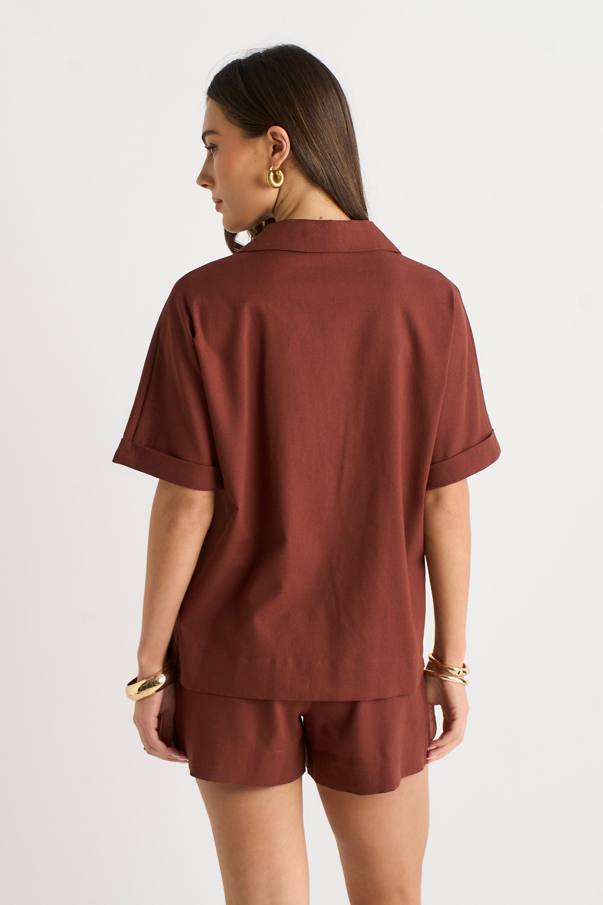 Chocoladebruin Linnen Oversized Blouse met Knoopsluiting