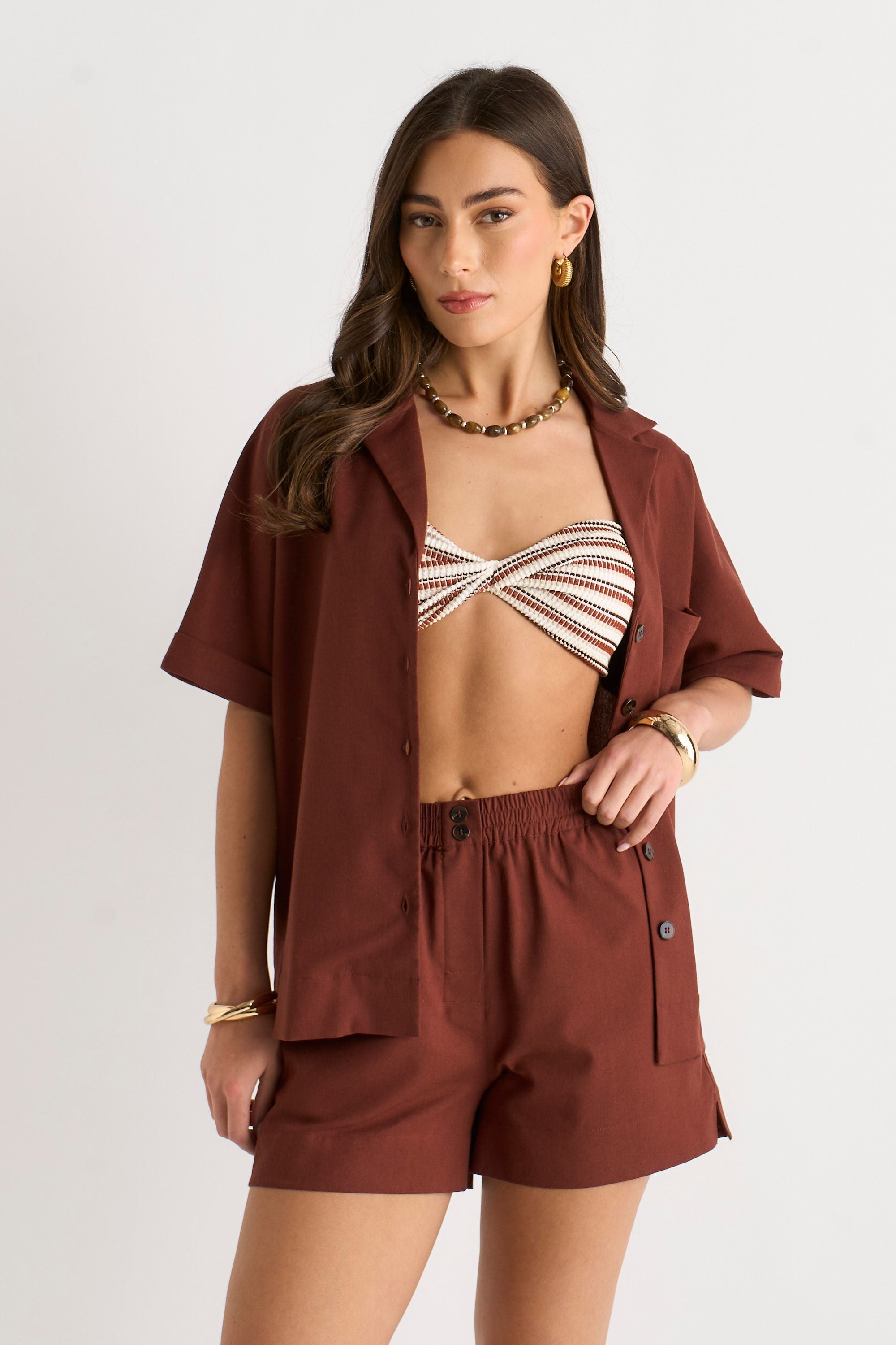 Chocolate Linen Short met Elastische Taille