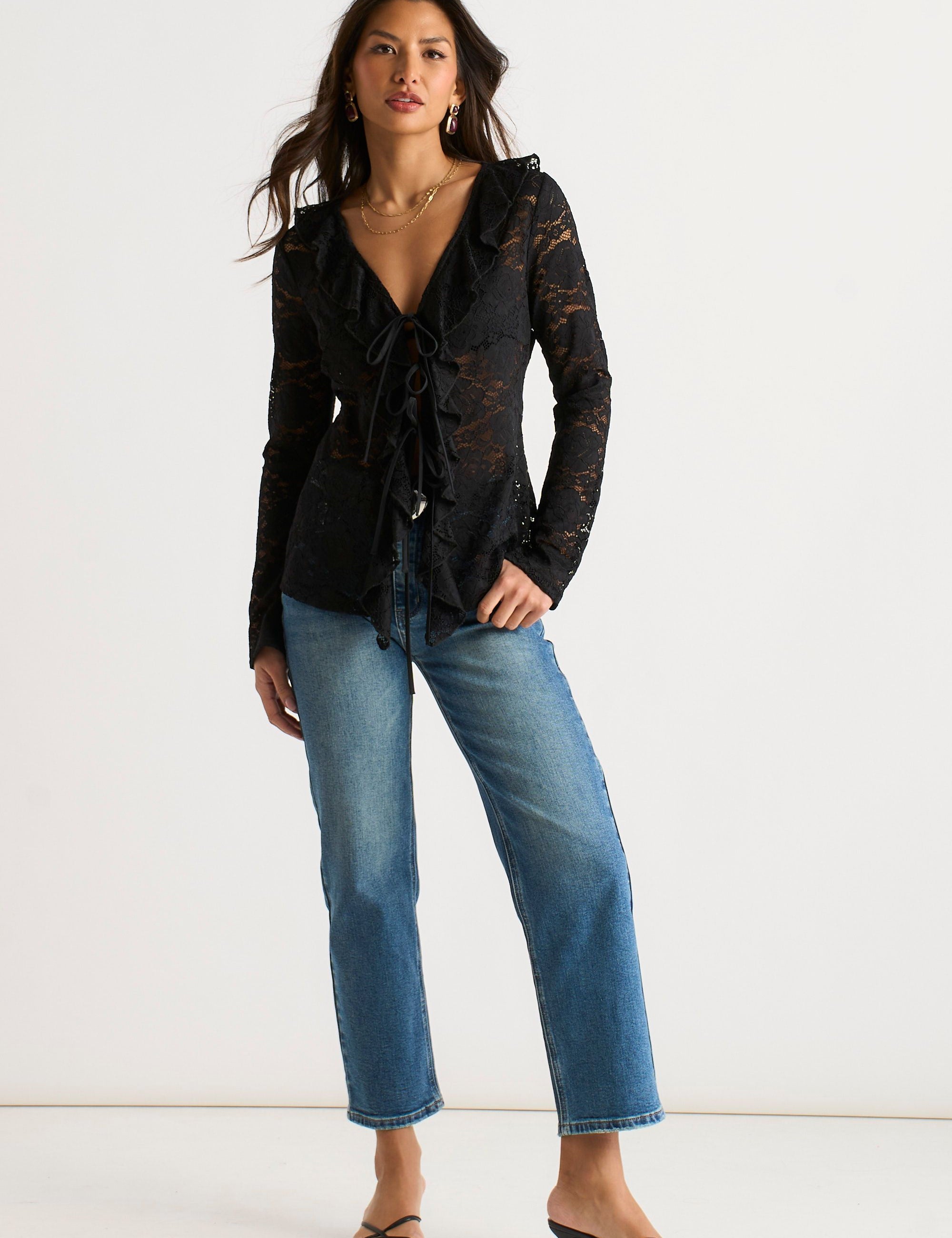Zwarte Jersey Blouse met Kantrand en Strikdetail