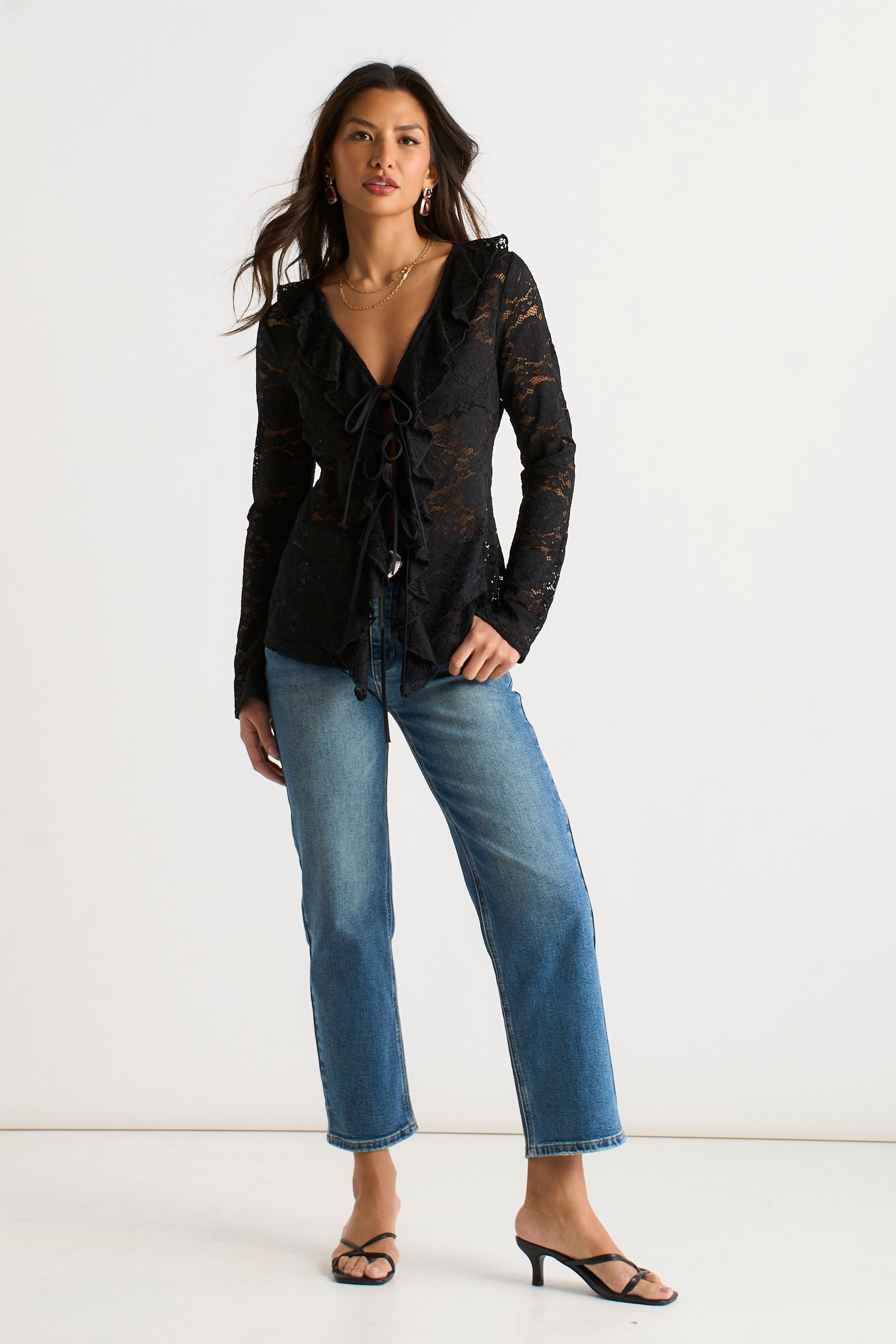 Zwarte Jersey Blouse met Kantrand en Strikdetail