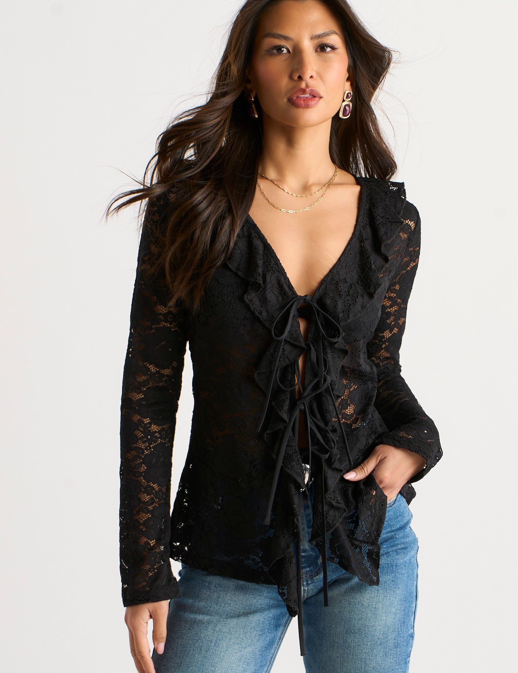 Zwarte Jersey Blouse met Kantrand en Strikdetail