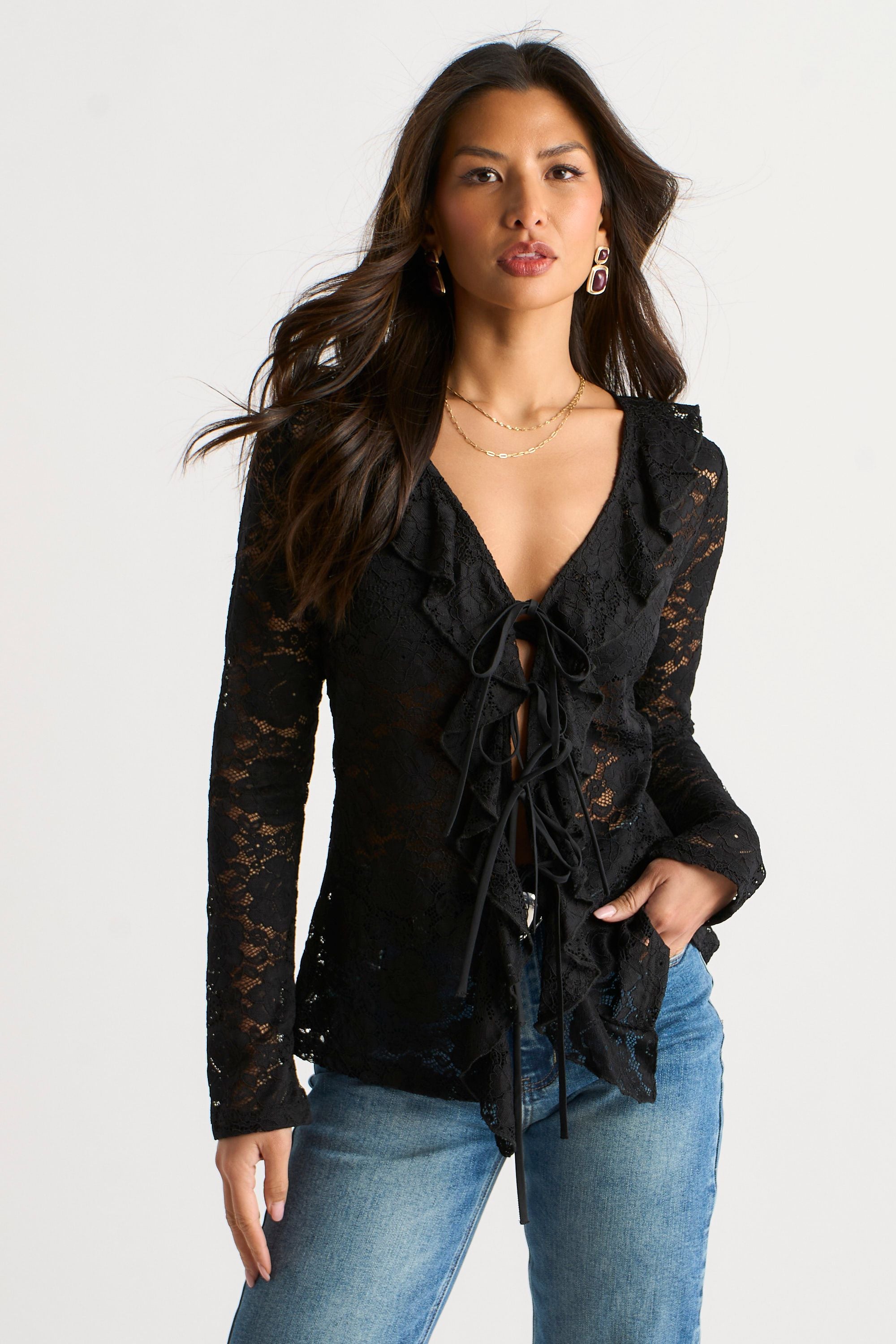 Zwarte Jersey Blouse met Kantrand en Strikdetail