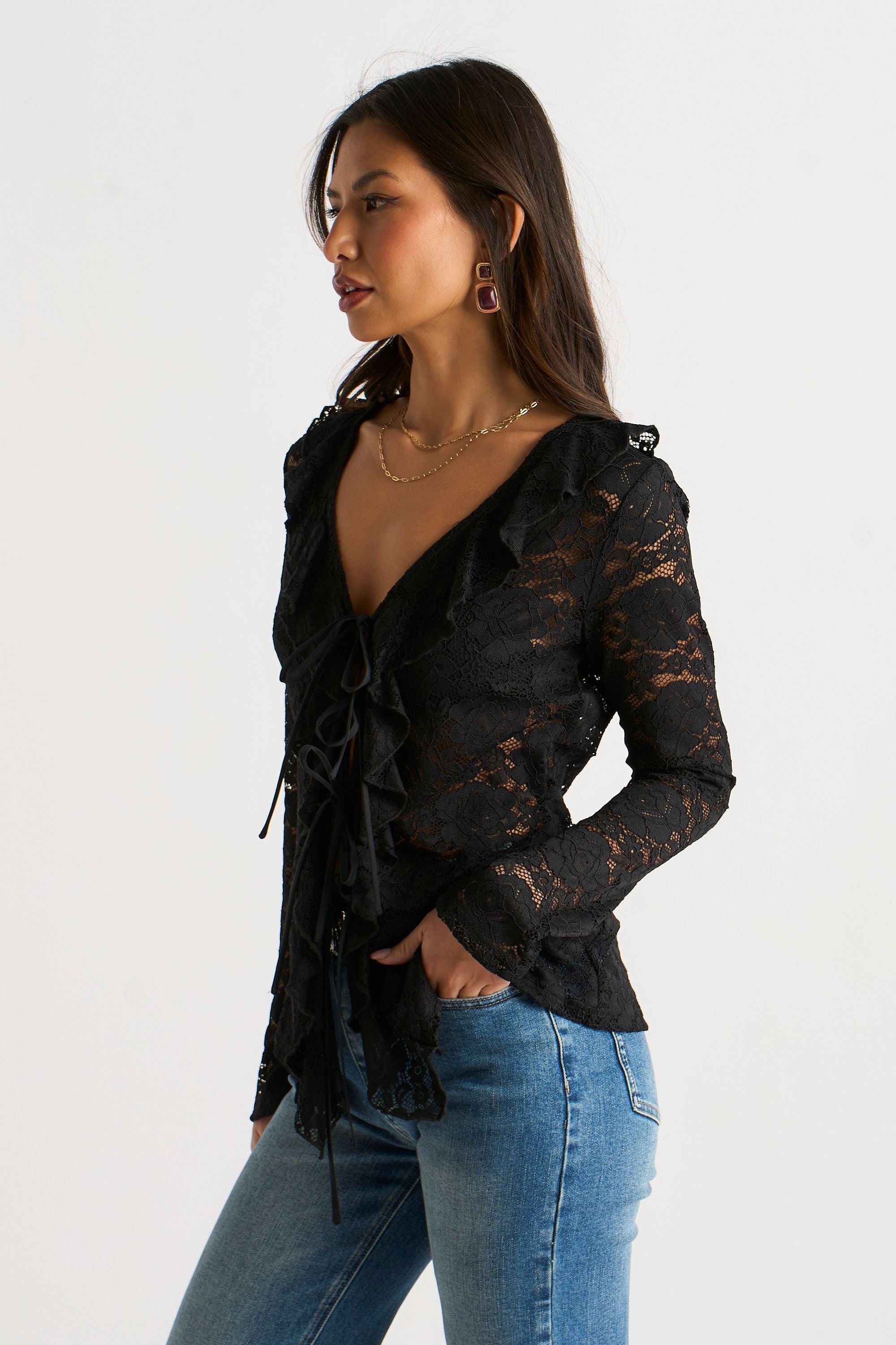 Zwarte Jersey Blouse met Kantrand en Strikdetail