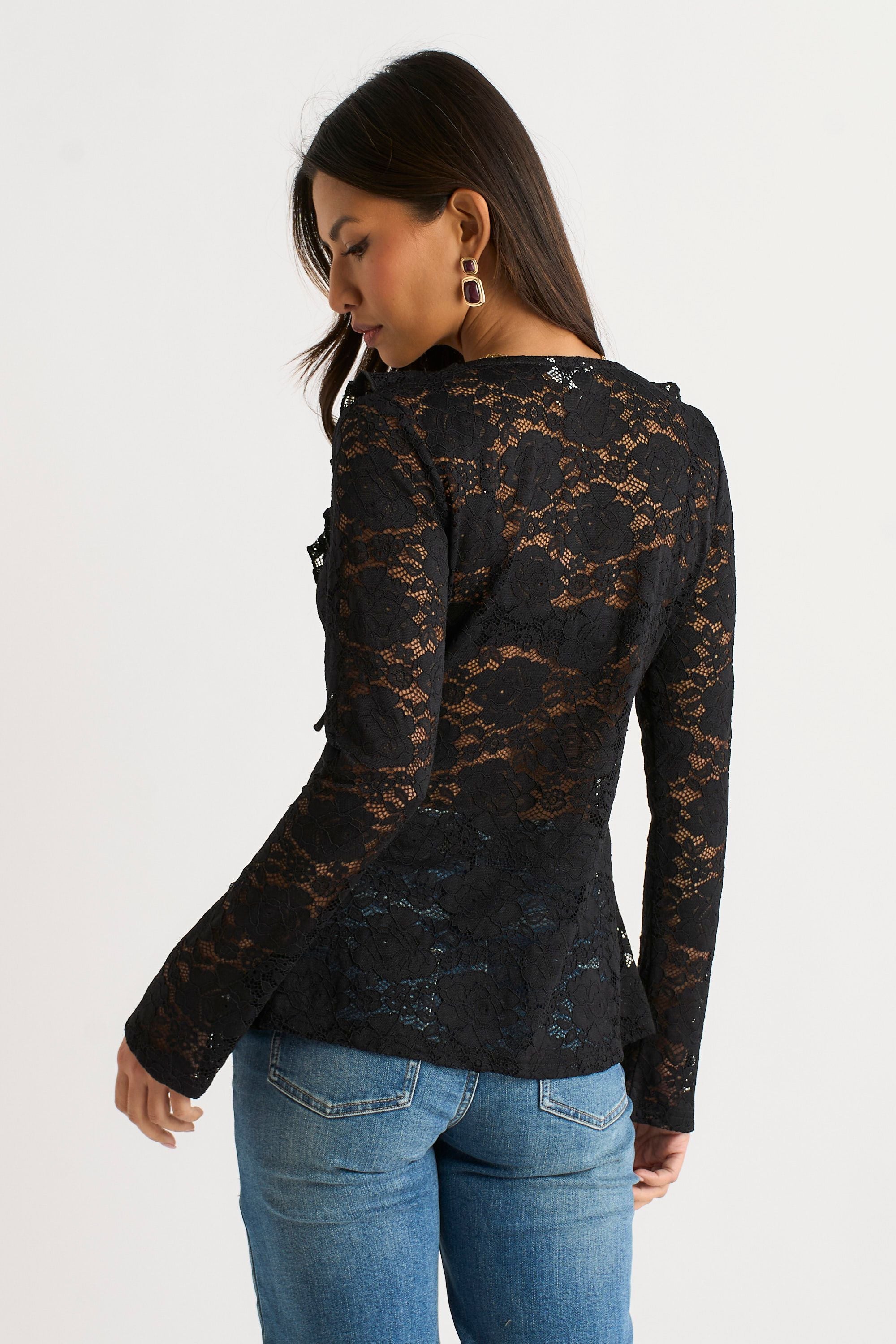 Zwarte Jersey Blouse met Kantrand en Strikdetail
