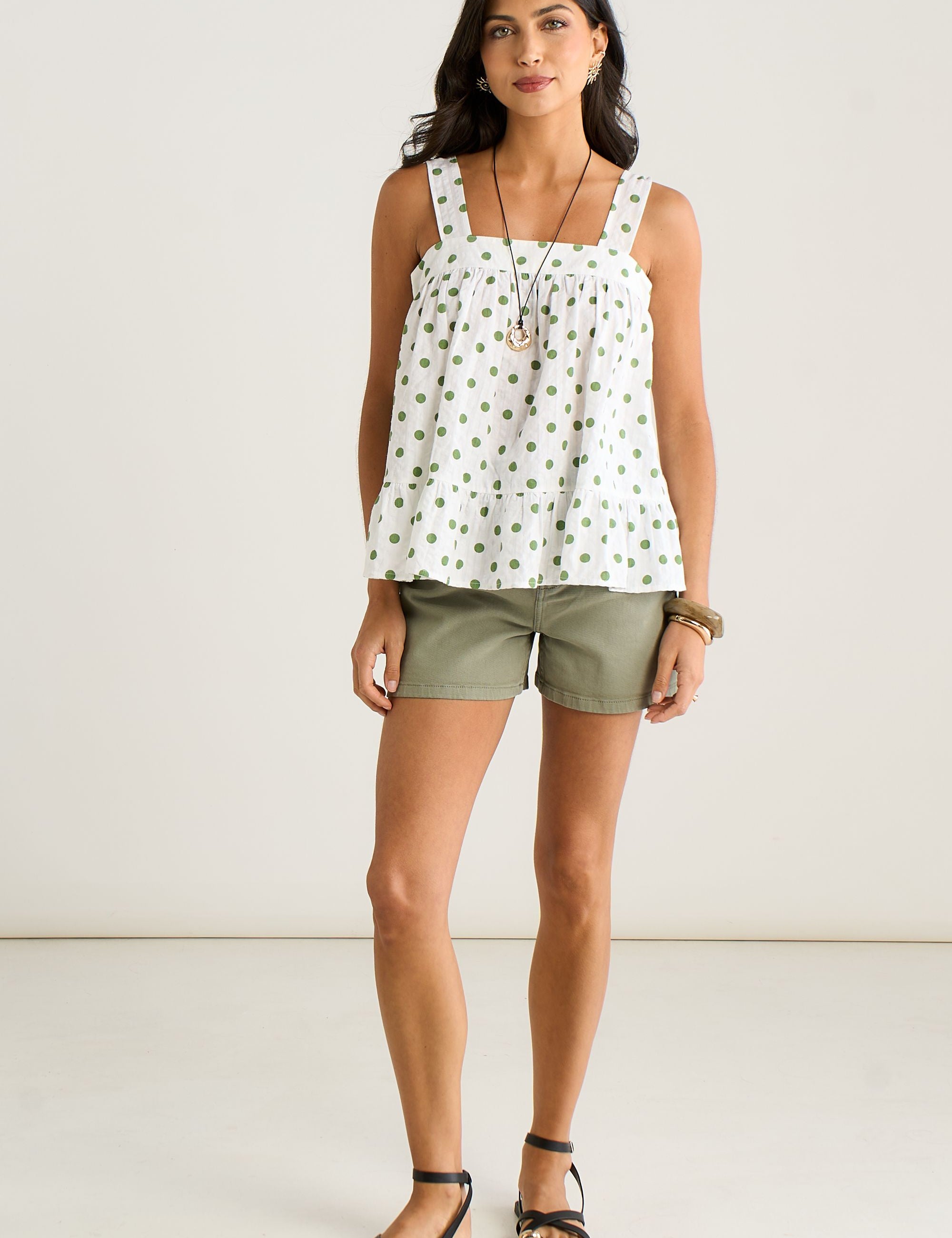 Groene Smock Cami Top met Stippenprint - Comfortabel & Vrouw