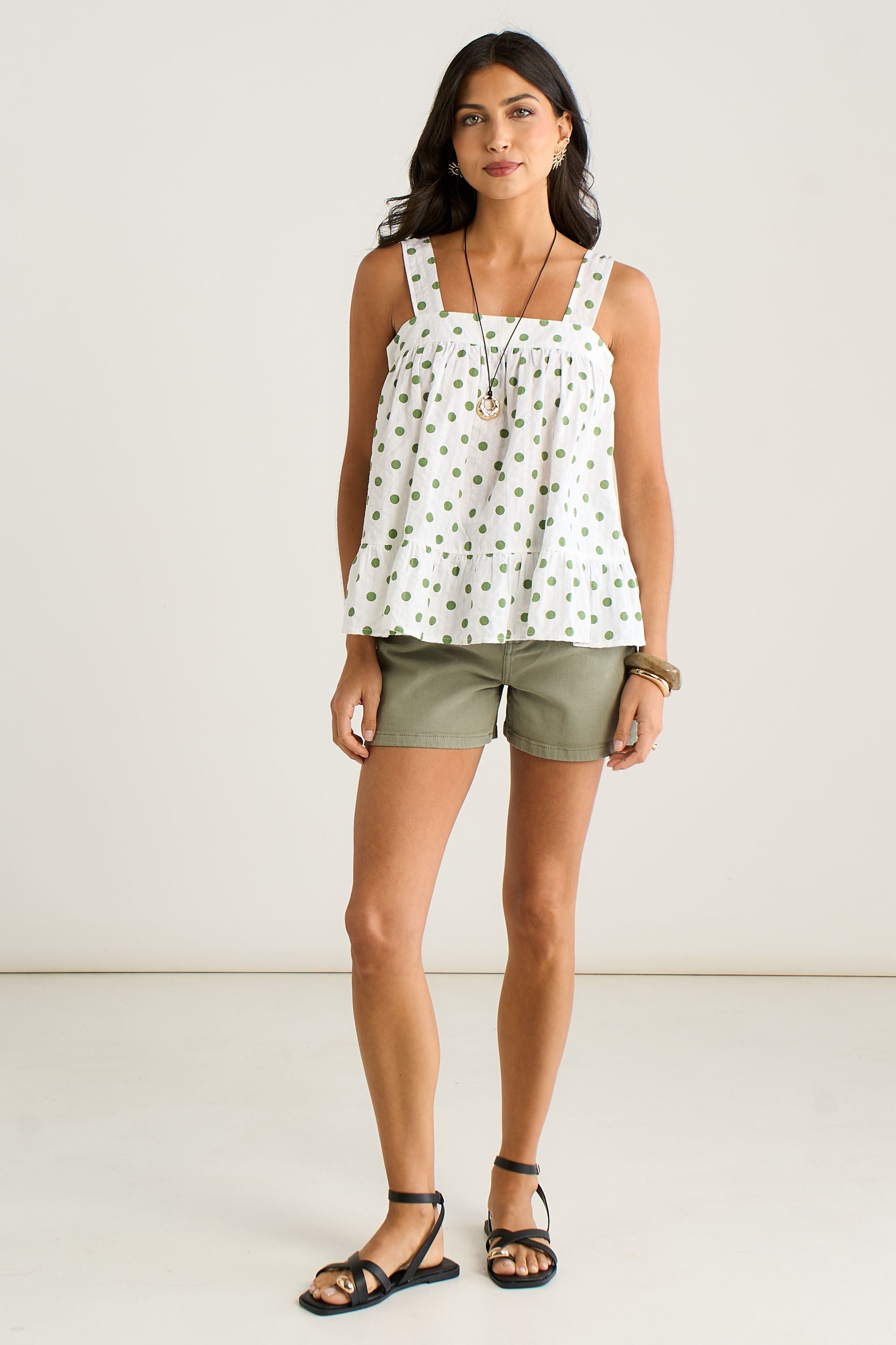 Groene Smock Cami Top met Stippenprint - Comfortabel & Vrouw