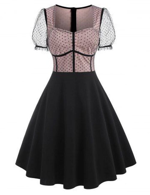 Mesh Insert Polka Dot Puff Sleeve Corset Style Dress