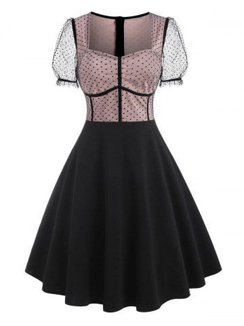 Mesh Insert Polka Dot Puff Sleeve Corset Style Dress