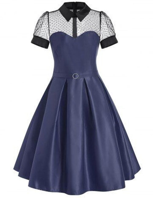Mesh Panel Belted Prom Dress