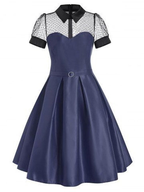 Mesh Panel Belted Prom Dress