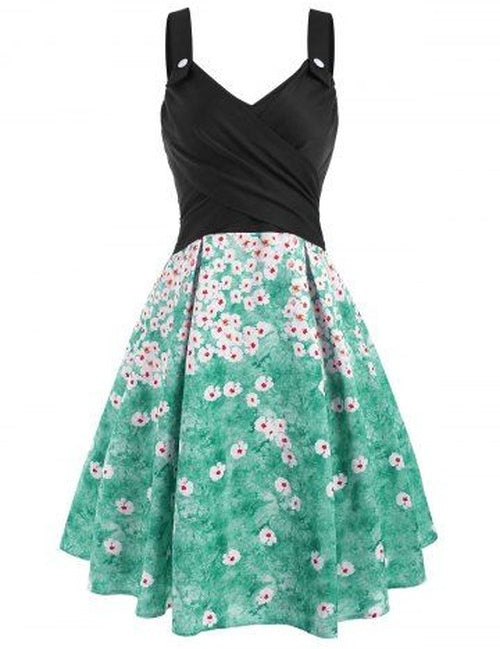 Mock Button Criss Cross Sun Star Flower Print Dress