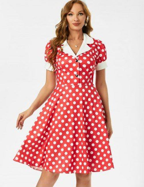Rode polkadot jurk met mock knopen en kraag - L
