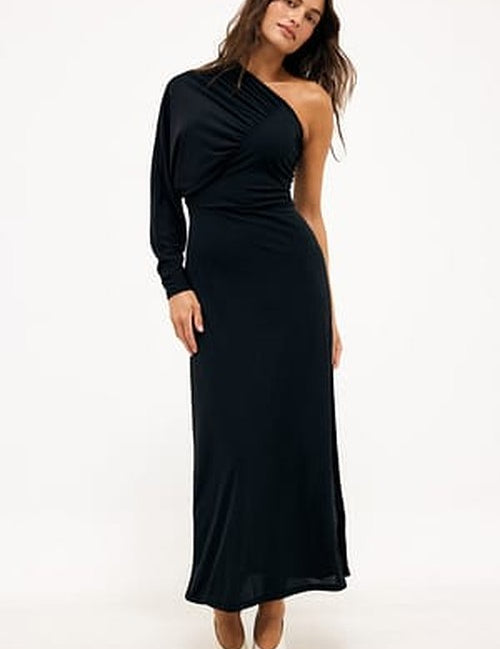 One Shoulder Maxi Jurk in Zacht Zwart