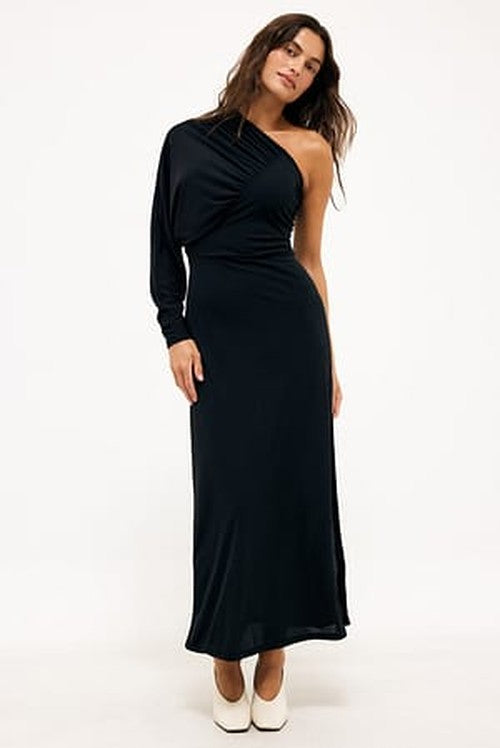 One Shoulder Maxi Jurk in Zacht Zwart