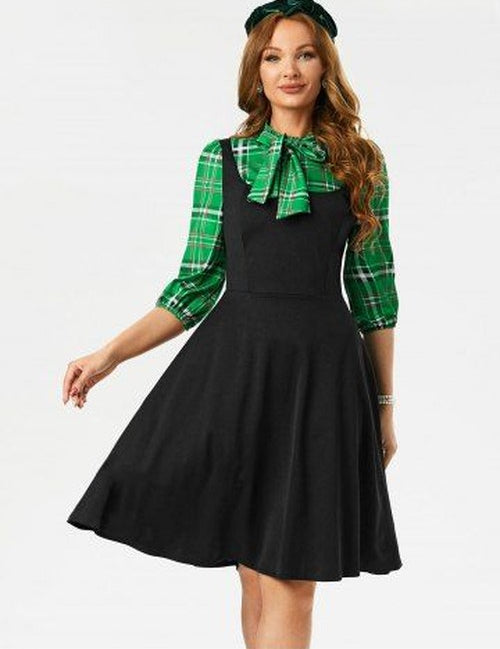 Plaid Panel Pussy Bow Dress