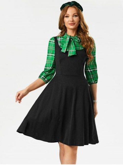 Plaid Panel Pussy Bow Dress