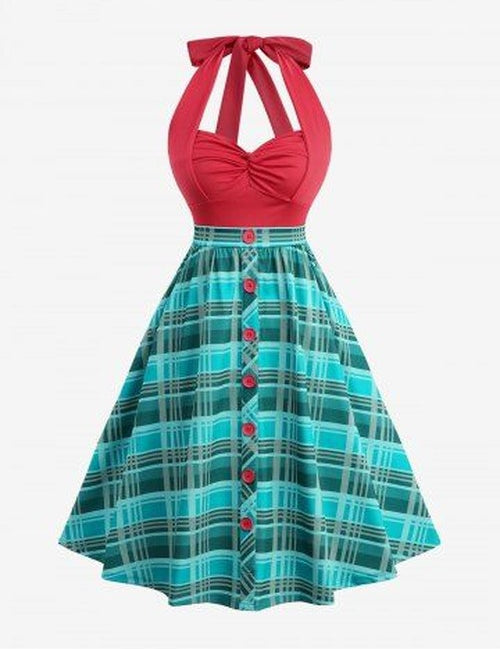 Plaid Print Button Twist Ruched Halter Backless A Line Dress