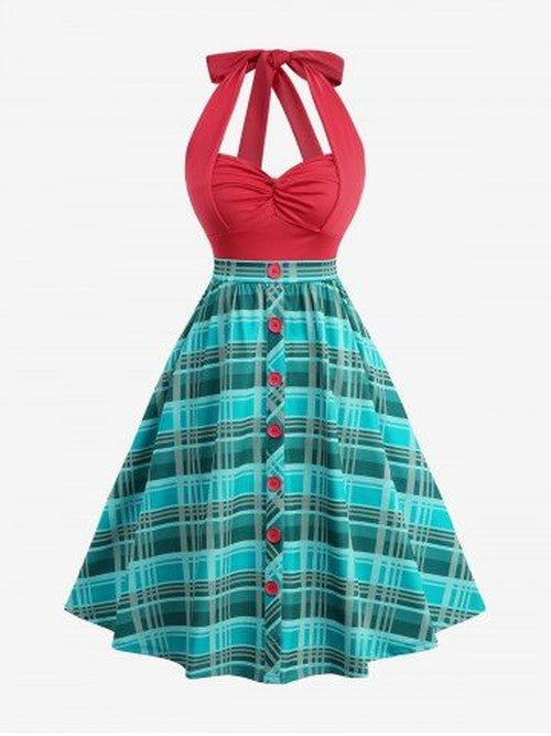 Geruit Halter Jurk met Twist Ruche en Open Rug - Groen