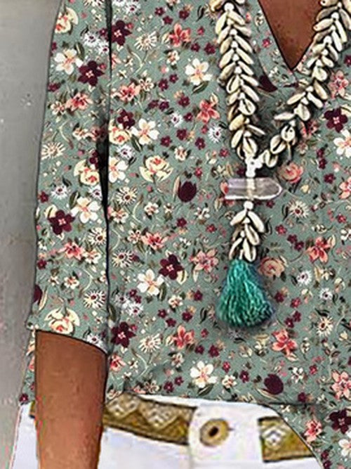 Bloemen V-hals Blouse Loose Fit | Grote Maten