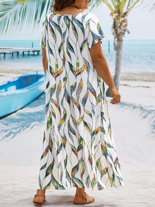 Bedrukte jurk met vierkante hals korte mouwen - casual