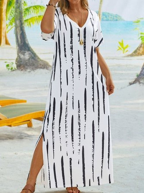 Gestreept jurkje met korte mouwen, V-hals - casual chic
