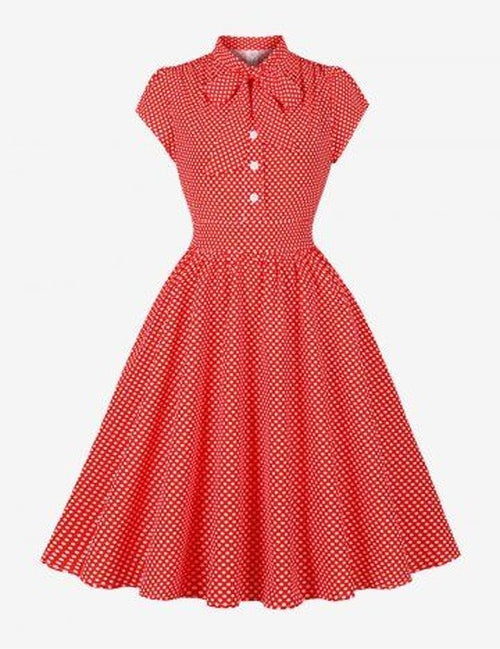 Rode vintage jurk met stippenprint en strikraag